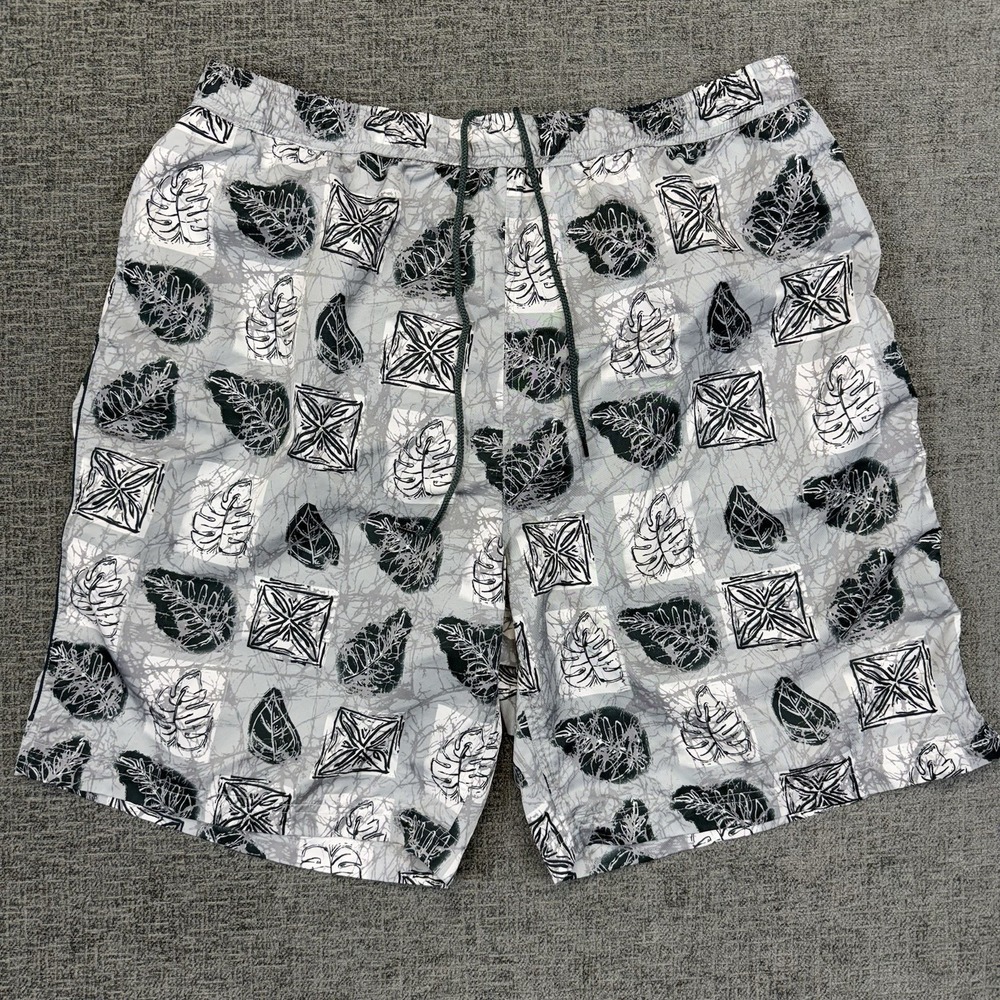 FUBU Swim Board Shorts Mens XL Gray Green Beachwear Leaf Print Pockets‎